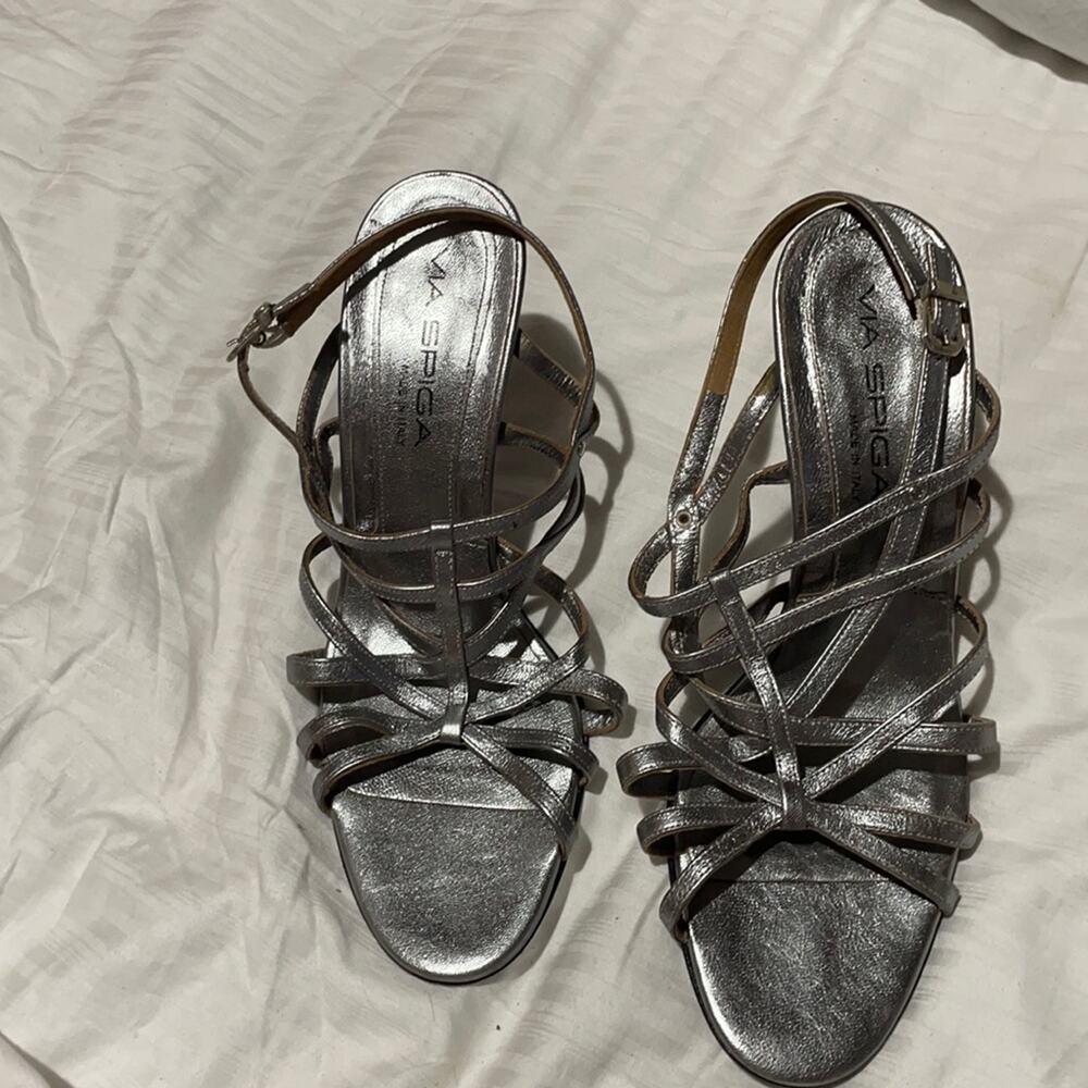 Via Spiga 8 dulled silver strappy heel worn once